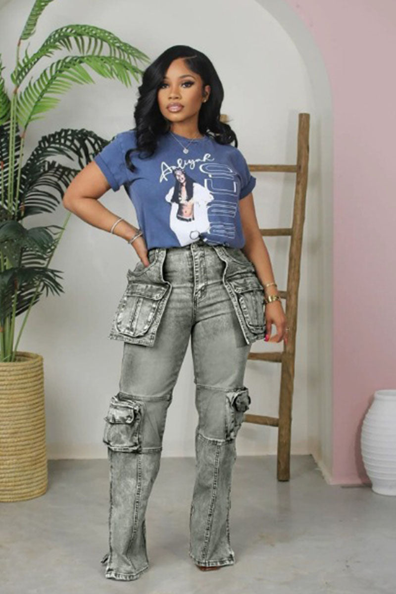 Denim Cargo Flare Jeans