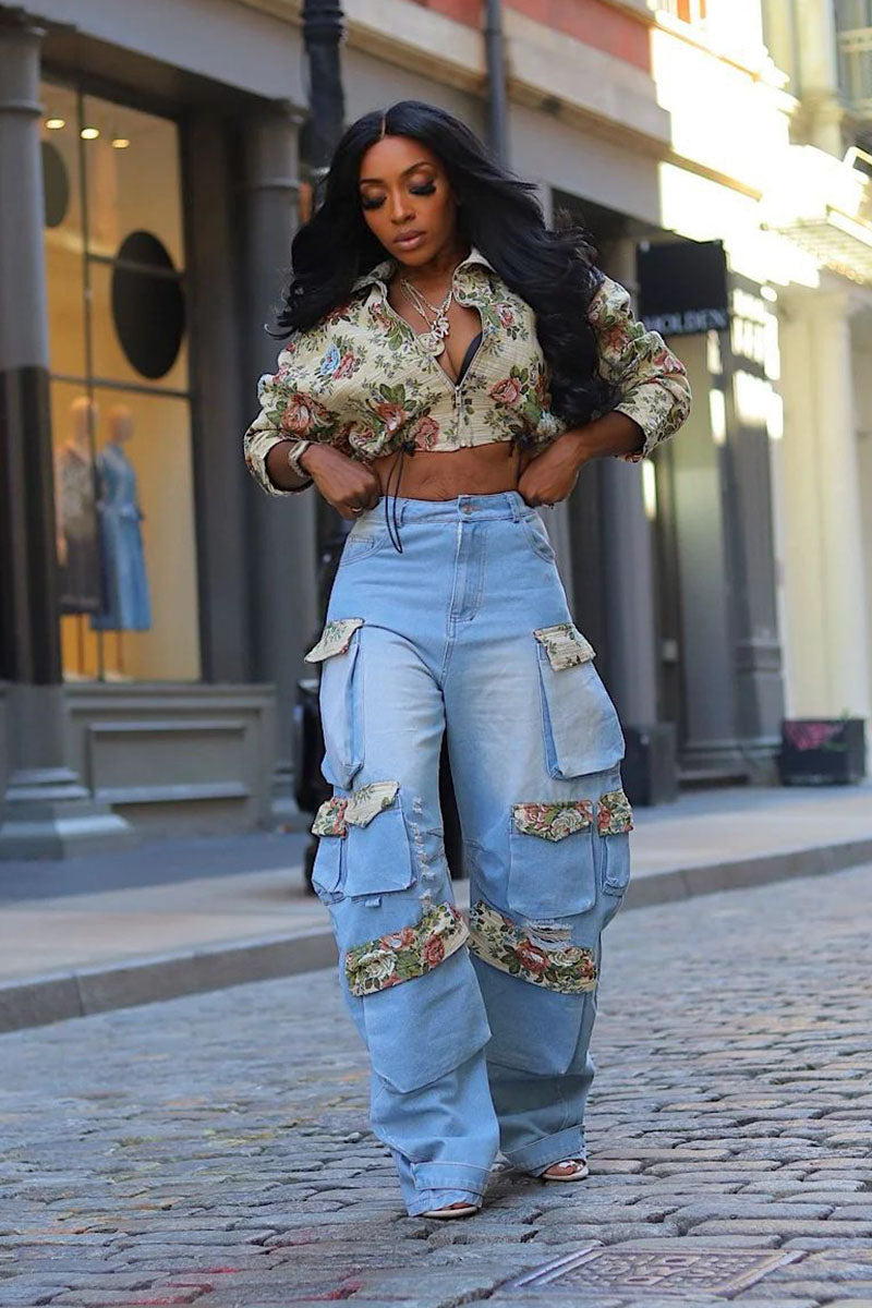 Floral Print Crop Blouse Pocket Washed Denim Pants 2pcs Set