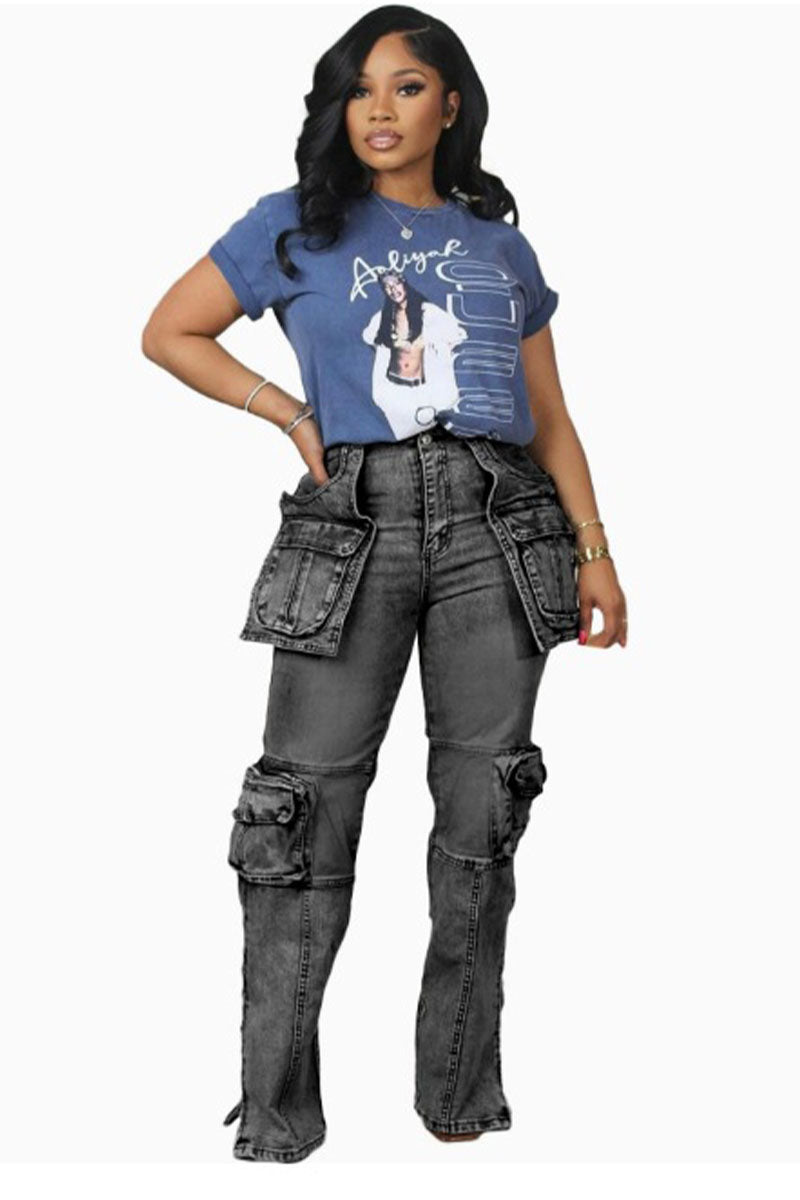 Denim Cargo Flare Jeans