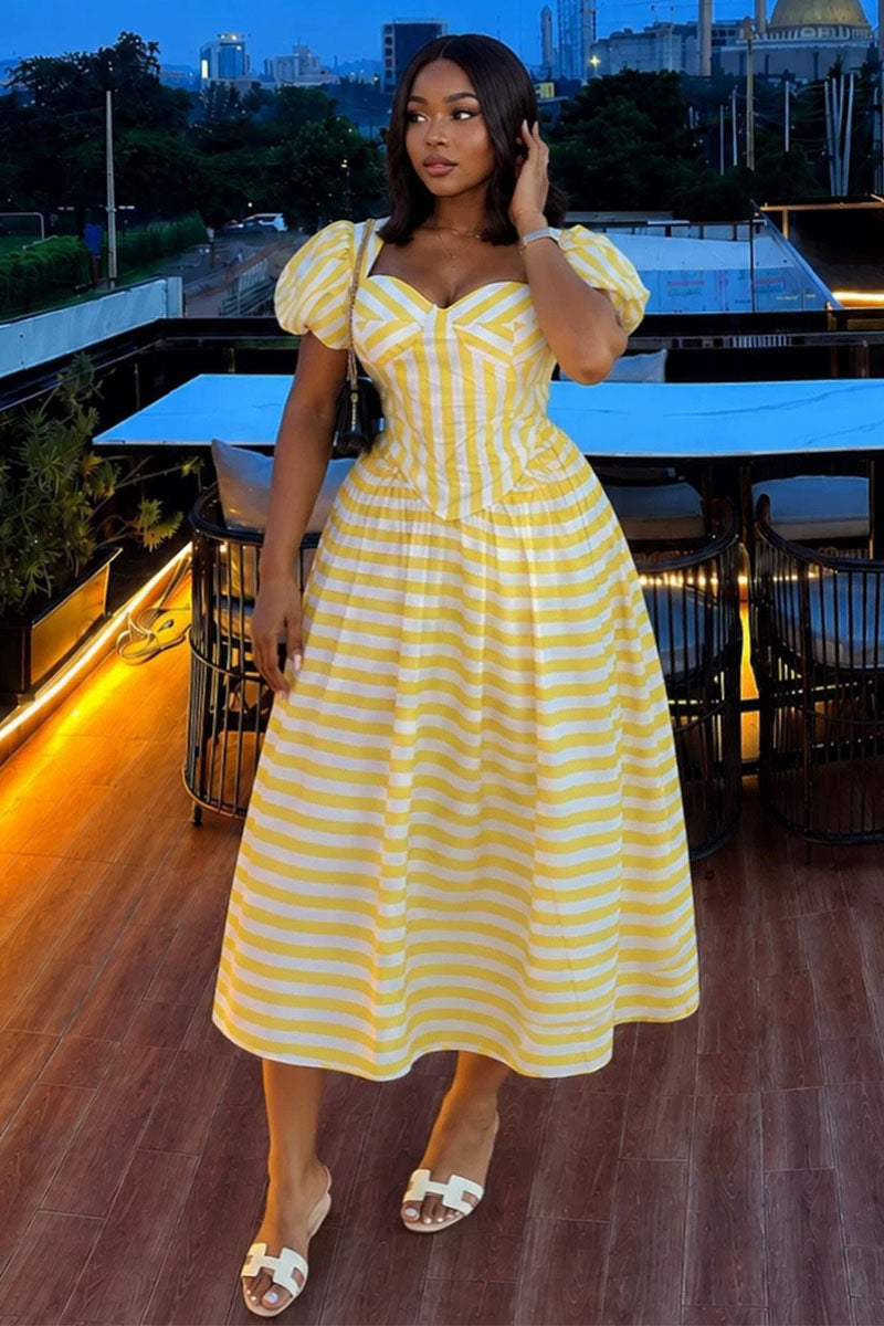 Striped Puff Sleeve Sweetheart Corset-Style Midi Dress