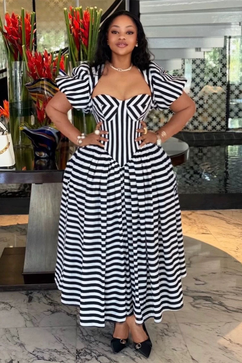 Striped Puff Sleeve Sweetheart Corset-Style Midi Dress