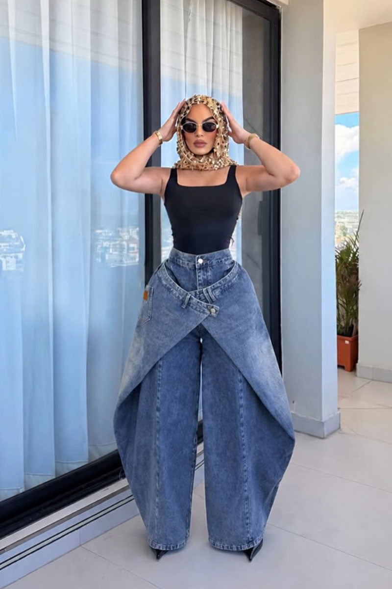Deconstructed Wide Leg Jeans – High Waist Layered Denim Pants, Asymmetric Y2K Streetwear Trousers