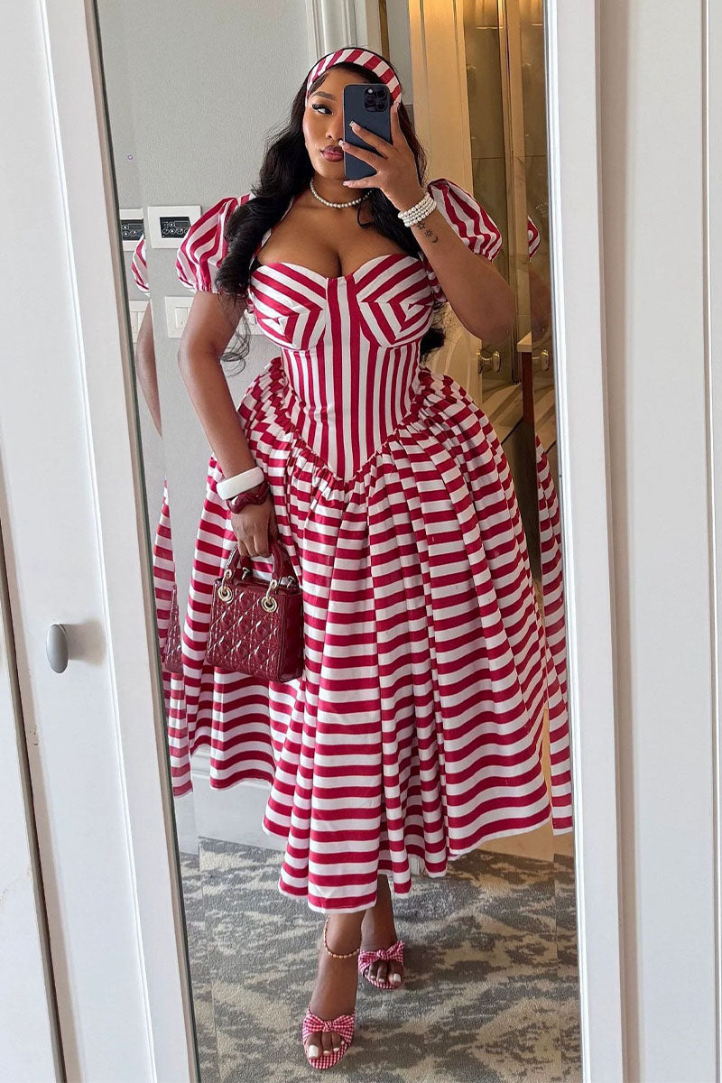 Striped Puff Sleeve Sweetheart Corset-Style Midi Dress