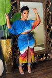 Contrast Color Bat-Wing Sleeve Top Slit Midi Skirt 2pcs Set