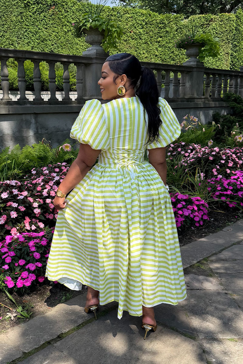 Striped Puff Sleeve Sweetheart Corset-Style Midi Dress