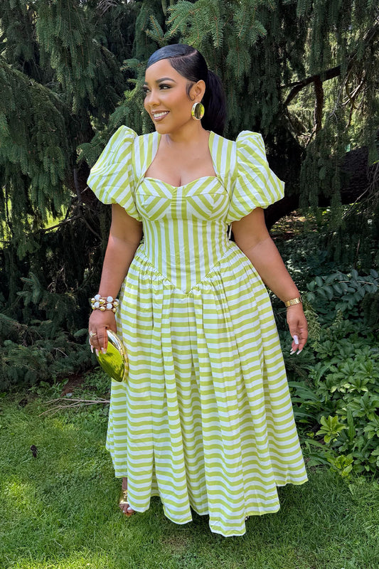 Striped Puff Sleeve Sweetheart Corset-Style Midi Dress