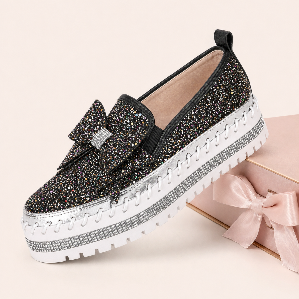 Women Sparkly Loafers - Black Iridescent