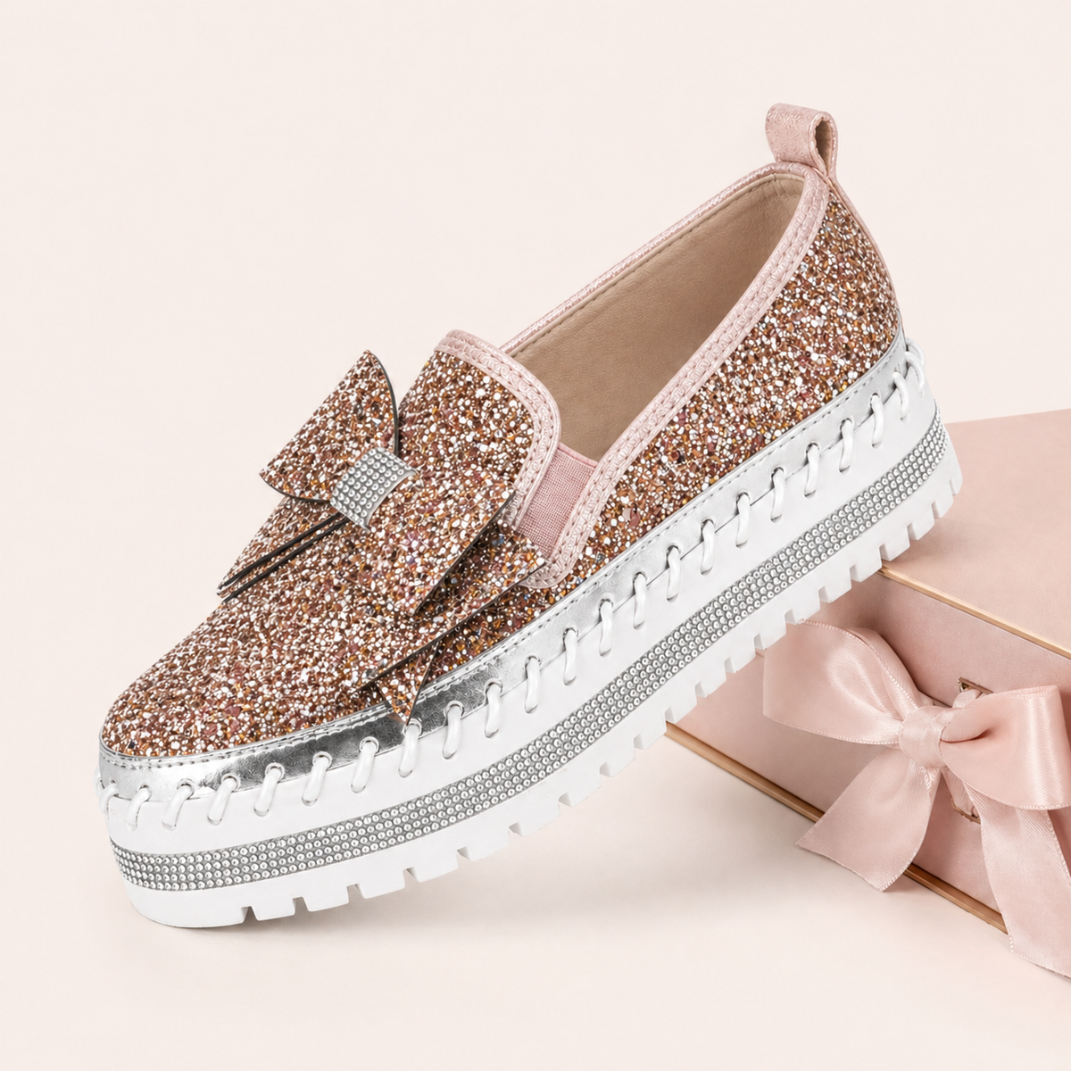 Women Sparkly Loafers - Pink