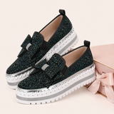Women Sparkly Loafers - Black Green