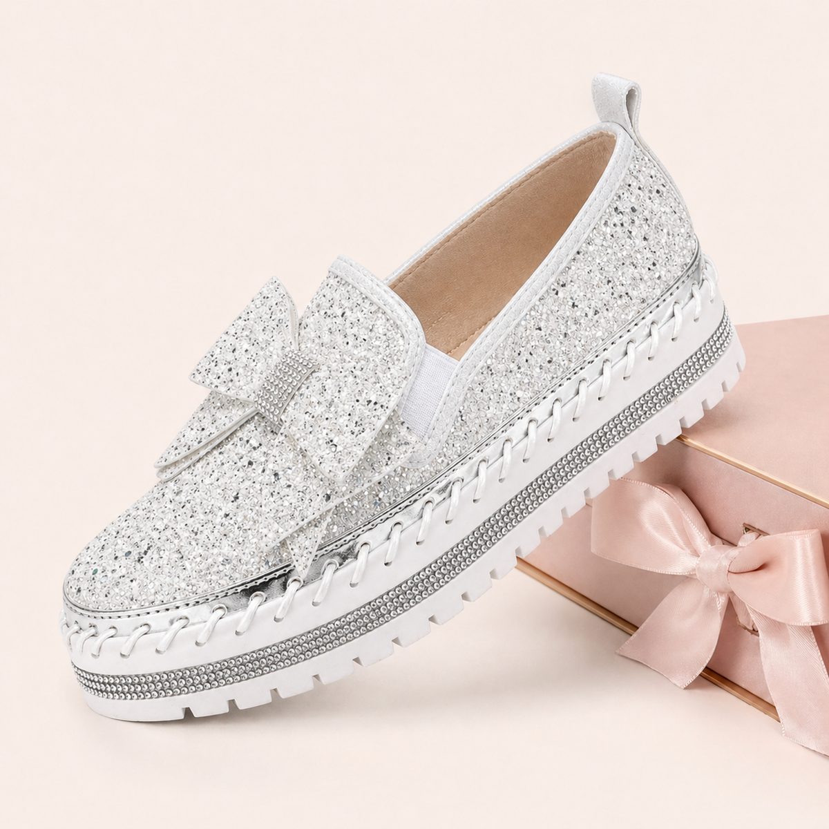 Women Sparkly Loafers - Beige White