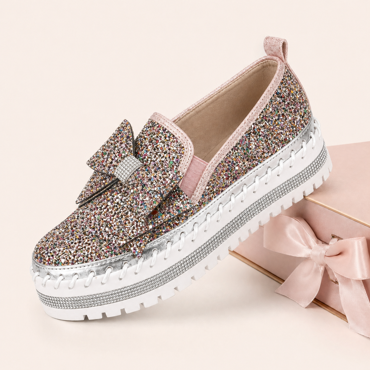 Women Sparkly Loafers - Pink Iridescent