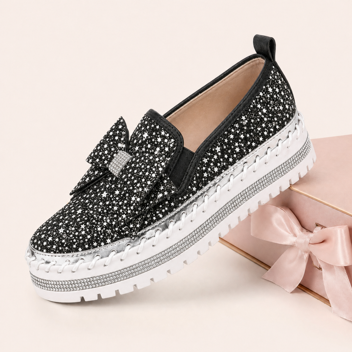 Women Sparkly Loafers - Black Star
