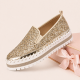 Women Slip On Sparkly Loafers - Gold