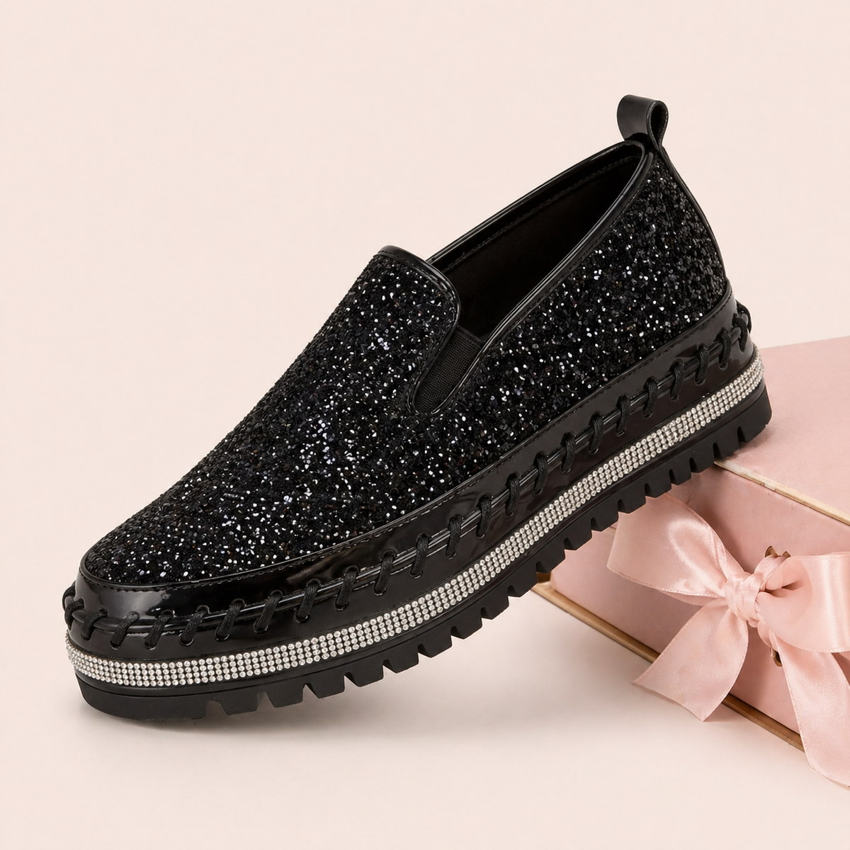 Women Slip On Sparkly Loafers - Black
