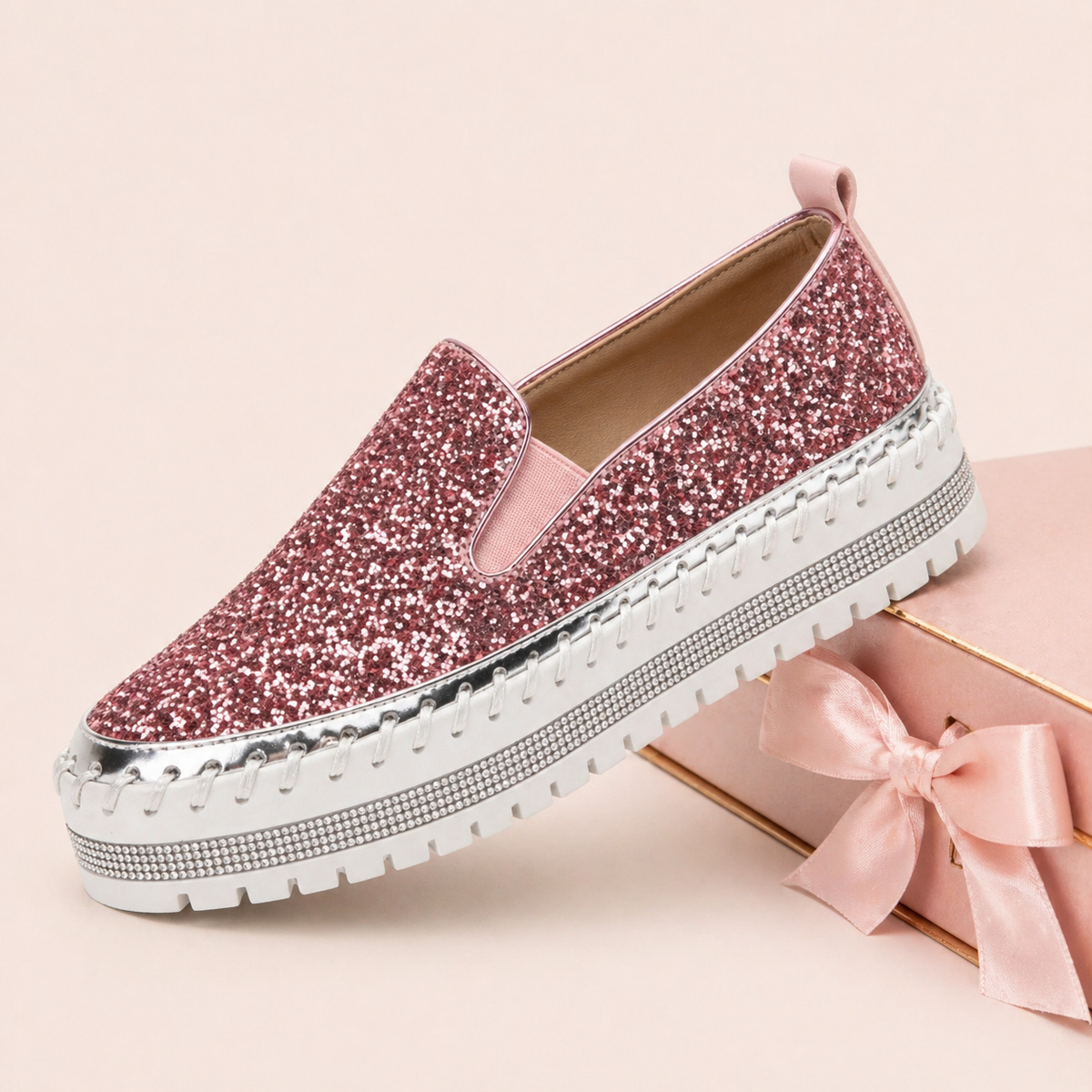 Women Slip On Sparkly Loafers - Pink