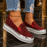 Women Slip On Sparkly Loafers - Red