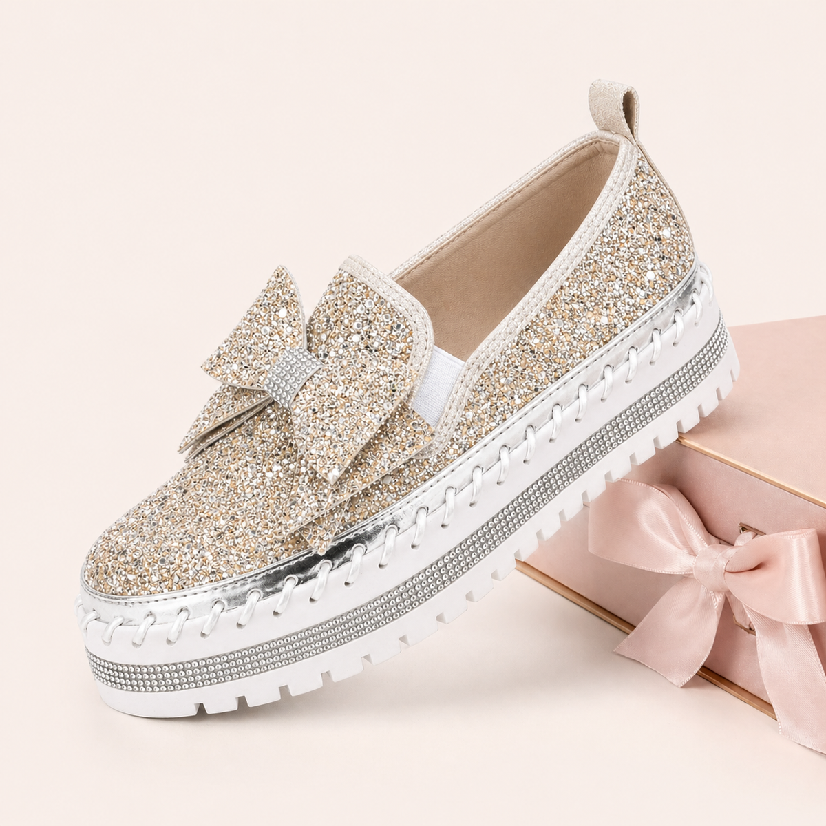 Women Sparkly Loafers - Beige