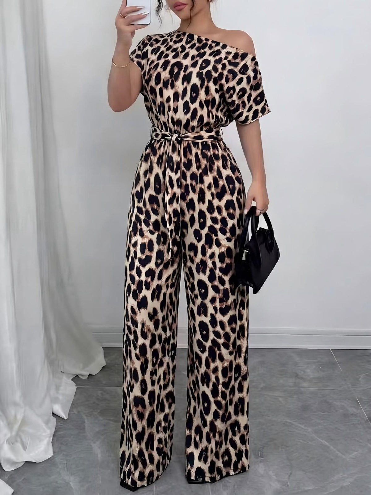 All Over Print Leopard Tie Front Loose Oversized Jumpsuit