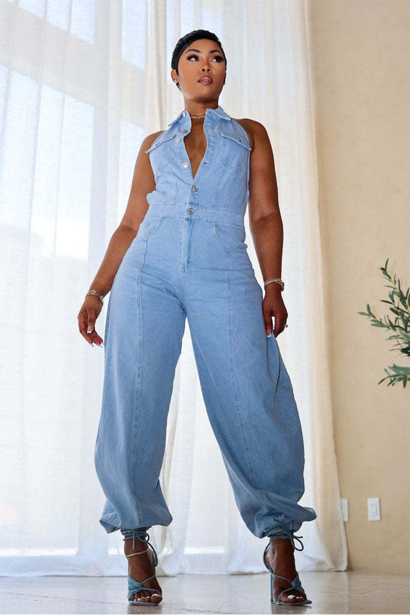 Arielle light wash halter balloon-leg denim jumpsuit front view