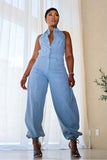 Arielle light wash halter balloon-leg denim jumpsuit front view