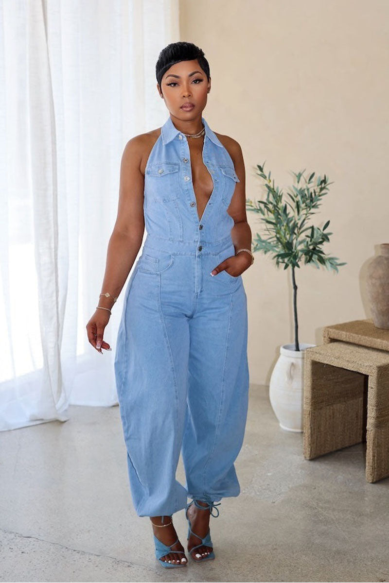 Arielle light wash denim jumpsuit full front view