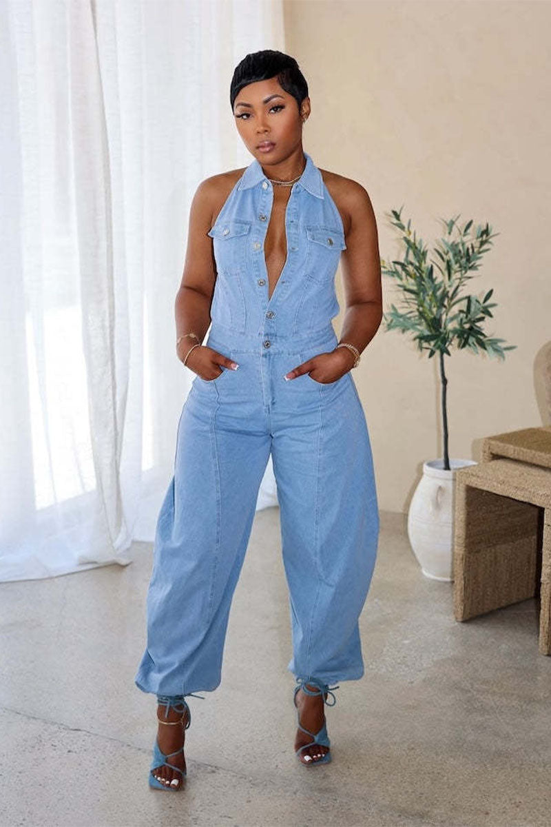 Arielle balloon-leg denim jumpsuit with pockets