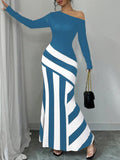 Women's Colorblock Striped Print Elegant Asymmetric Neckline Mermaid Dress