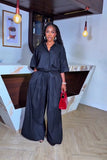 Black oversized shirt and wide-leg pants two-piece set, full front view