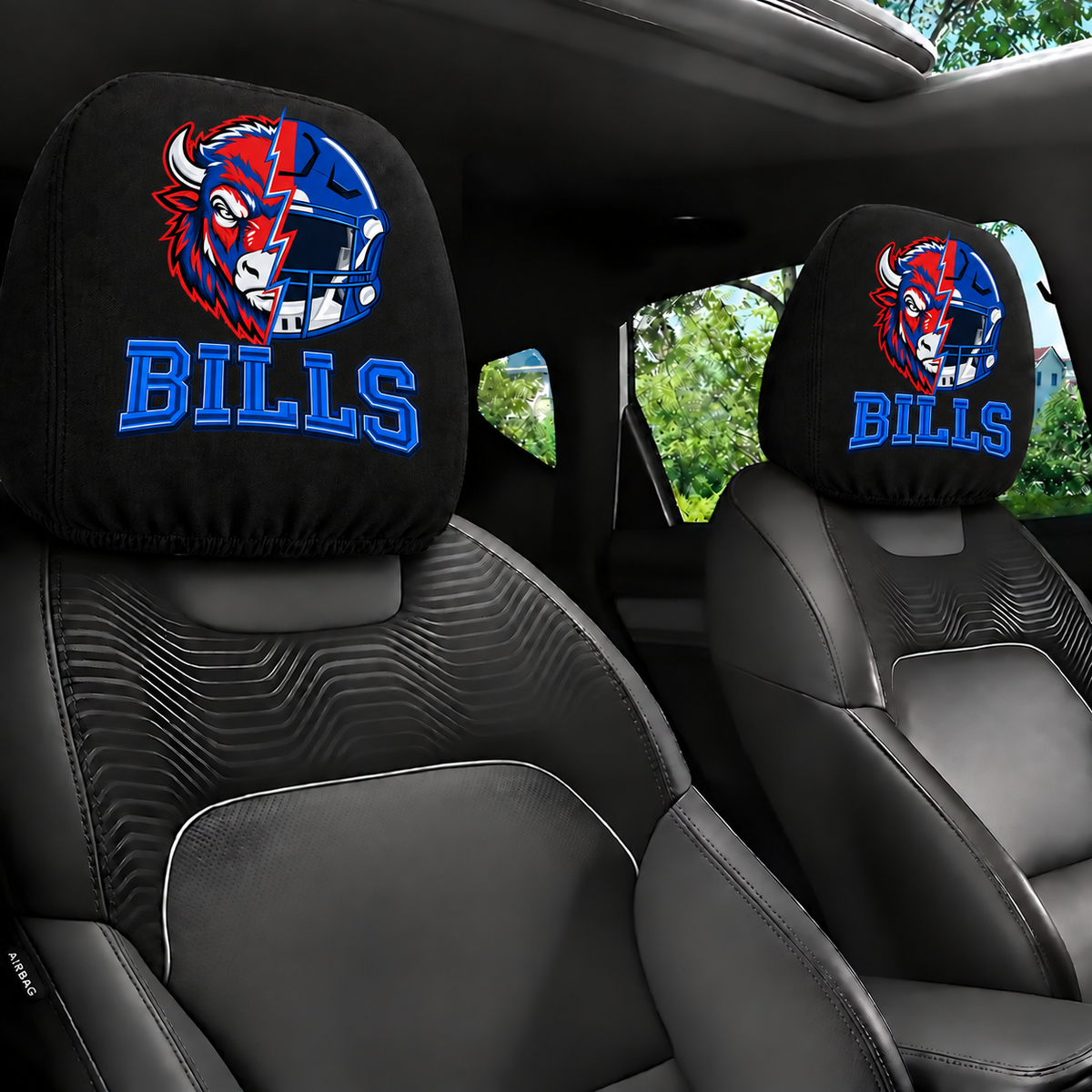 Buffalo Bills car headrest cover, Style 2 illustrated mascot design, installed in car