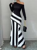 Women's Colorblock Striped Print Elegant Asymmetric Neckline Mermaid Dress