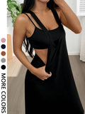 Women's 2pcs Heather solid color Sleeveless Tank Top & Cutout Maxi Dress Set