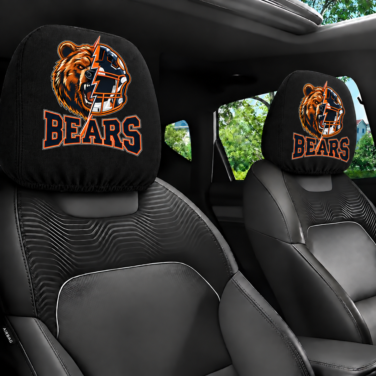 Chicago Bears car headrest cover, Style 2 illustrated mascot design, installed in car