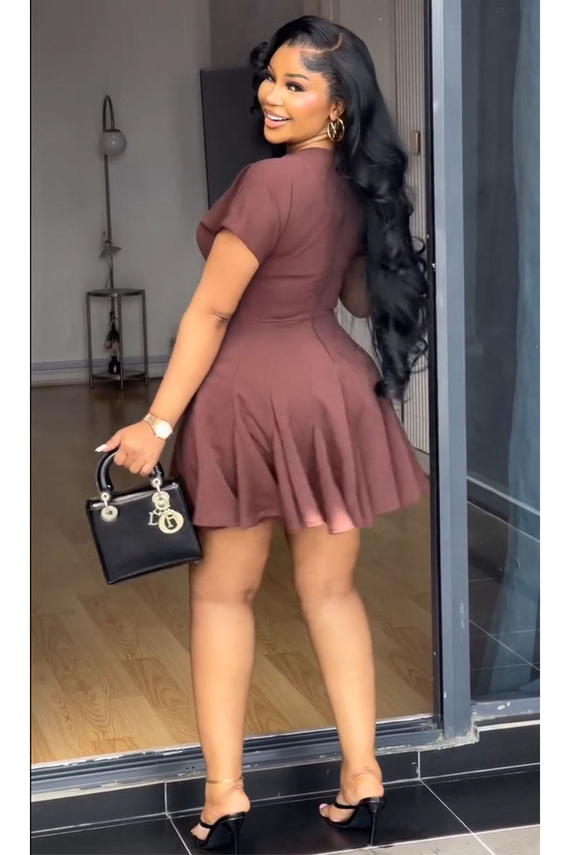 Chocolate Muse V-Neck Flare Mini Dress - 1