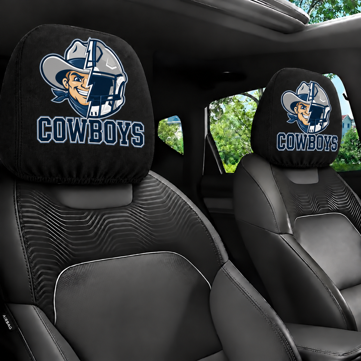Dallas Cowboys car headrest cover, Style 2 illustrated mascot design, installed in car