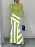 Women's Colorblock Striped Print Elegant Asymmetric Neckline Mermaid Dress