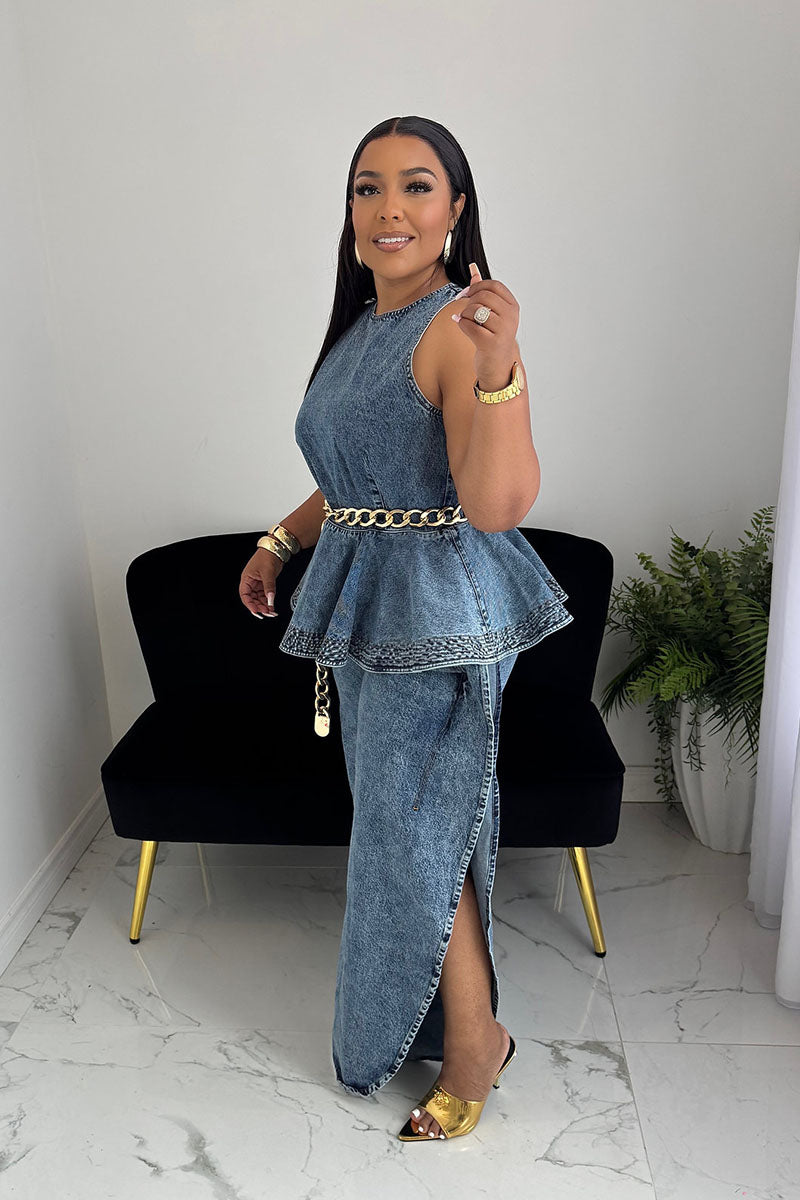 Denim outfit side view showing pants side slit