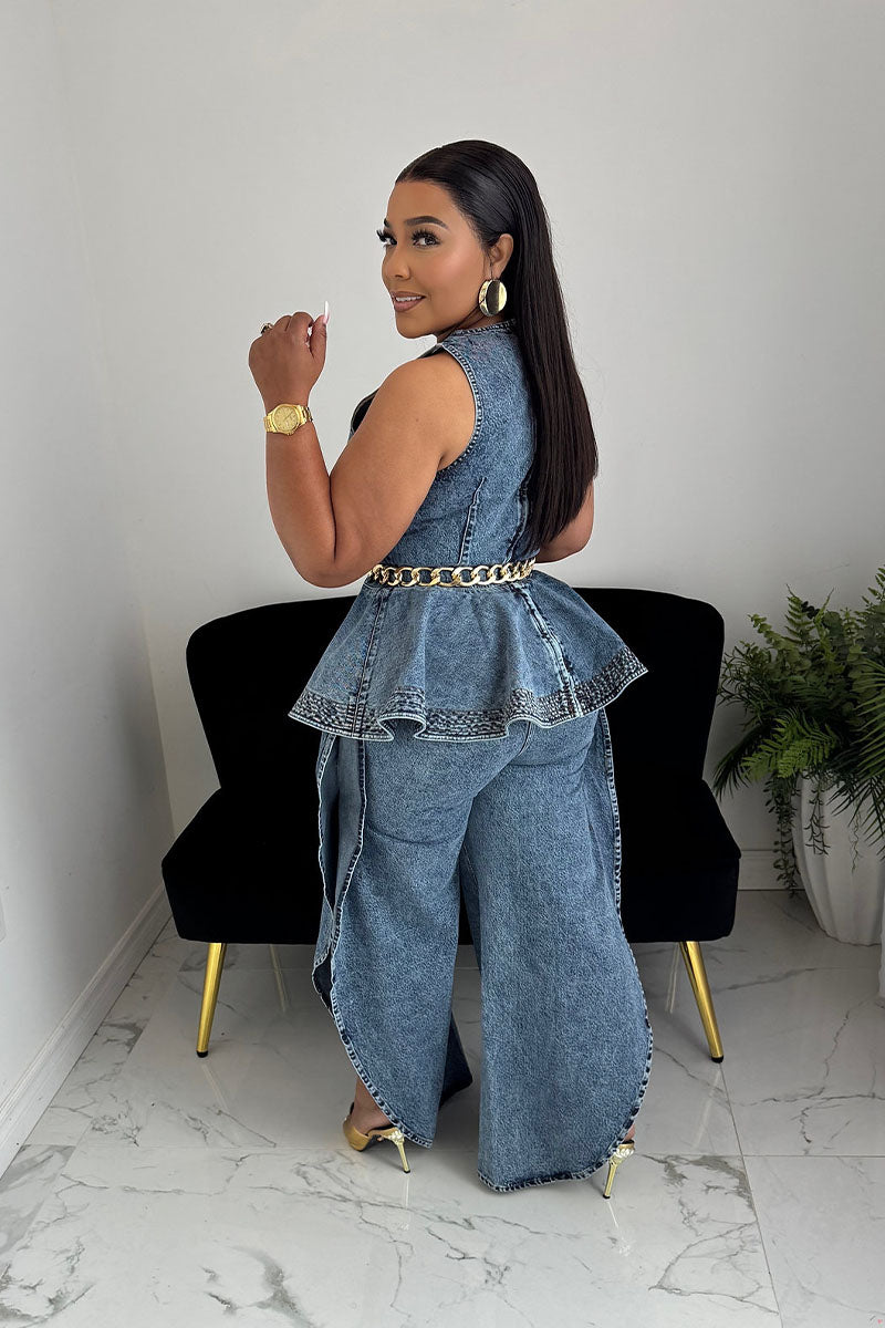 Denim peplum top and pants back view