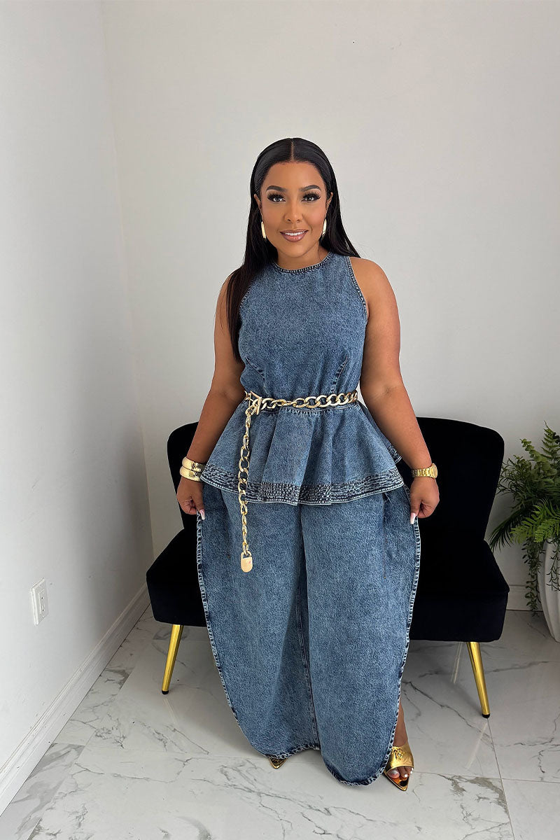 Denim outfit styled with a gold chain belt