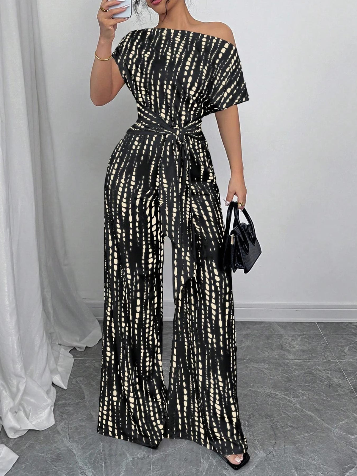 All Over Print Leopard Tie Front Loose Oversized Jumpsuit
