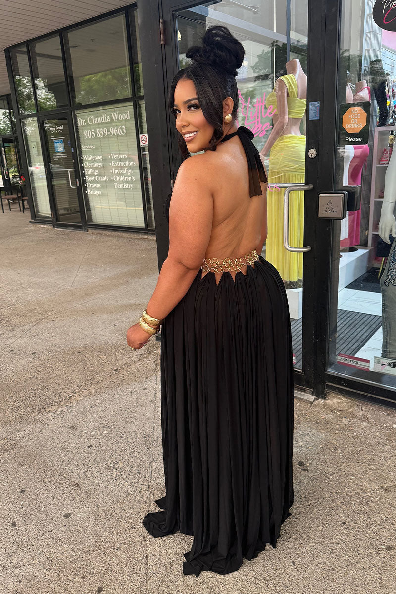 Black gold-tone ring halter maxi dress open back