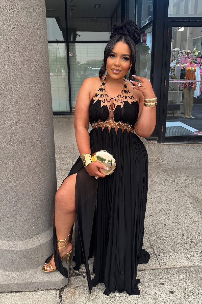 Black gold-tone ring halter maxi dress front view