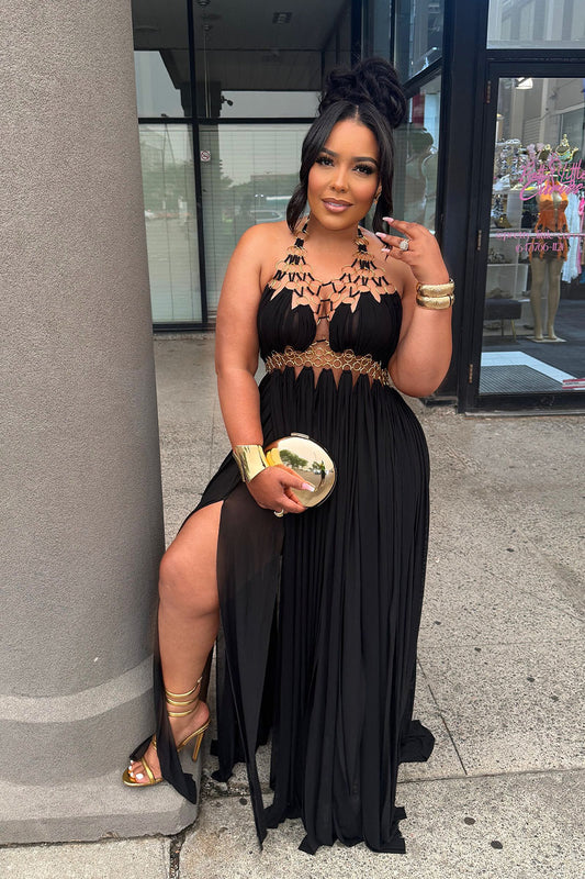Black gold-tone ring halter maxi dress front view