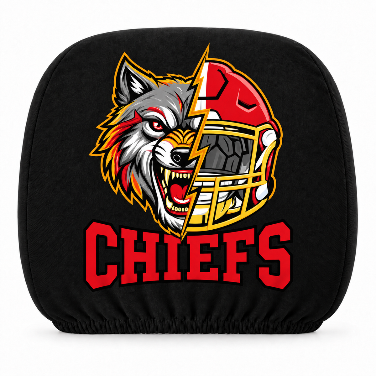 Kansas City Chiefs car headrest cover, Style 2 illustrated mascot design, white background