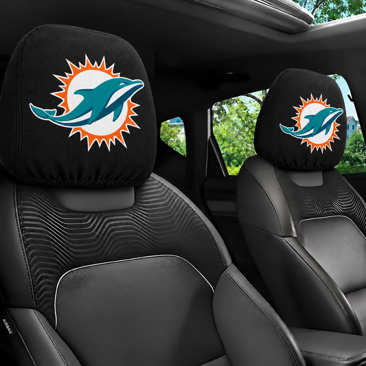 Miami Dolphins car headrest cover, Style 1 logo design, installed in car