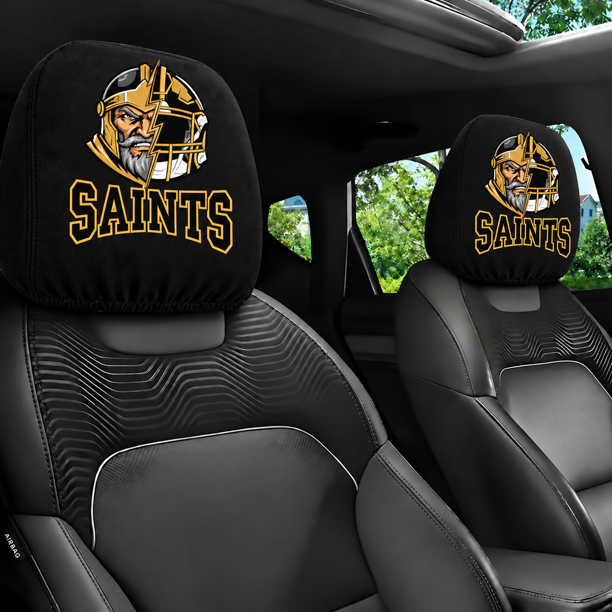 New Orleans Saints car headrest cover, Style 2 illustrated mascot design, installed in car