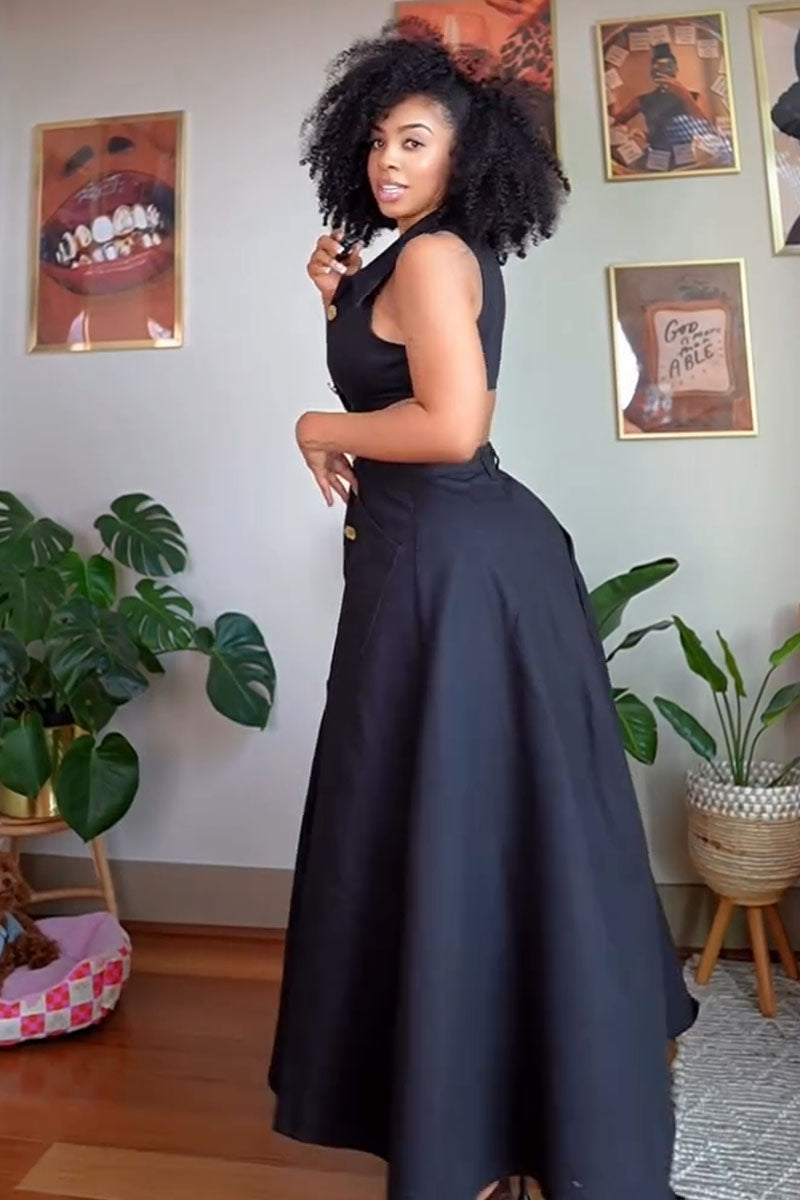 Nia black cutout button-front double-slit maxi dress side view