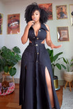 Nia black button-front double-slit maxi dress front view
