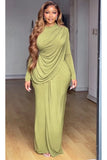 Olive Aura Draped Long Sleeve Maxi Dress - 1