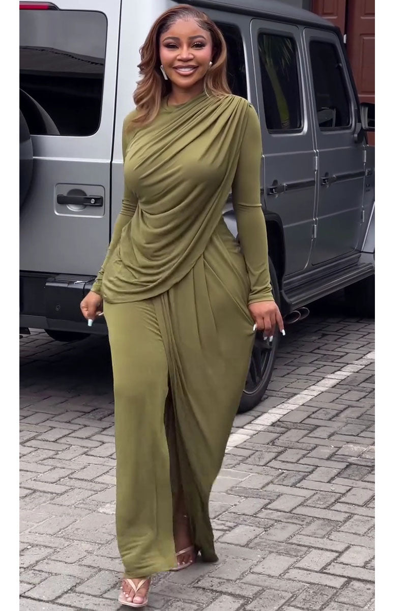 Olive Aura Draped Long Sleeve Maxi Dress - 4