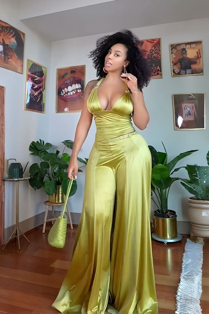 Olive Glow two-piece satin pants set styled front view